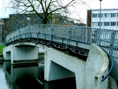 2013.04 - 'View on a concrete foot-bridge', over the canal Nieuwe Keizersgracht on the Univerisity-area Roeterseiland with reflections in the water - district Amsterdam Centrum; - urban photography by Fons Heijnsbroek, the Netherlands