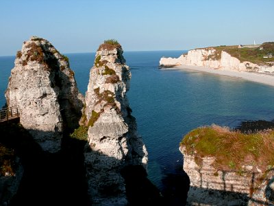2007.09 - 'Seascape with a view on the two needle cliffs in the bay of Etretat', in Normandy France with a quiet sea; French landscape photography, Fons Heijnsbroek photo