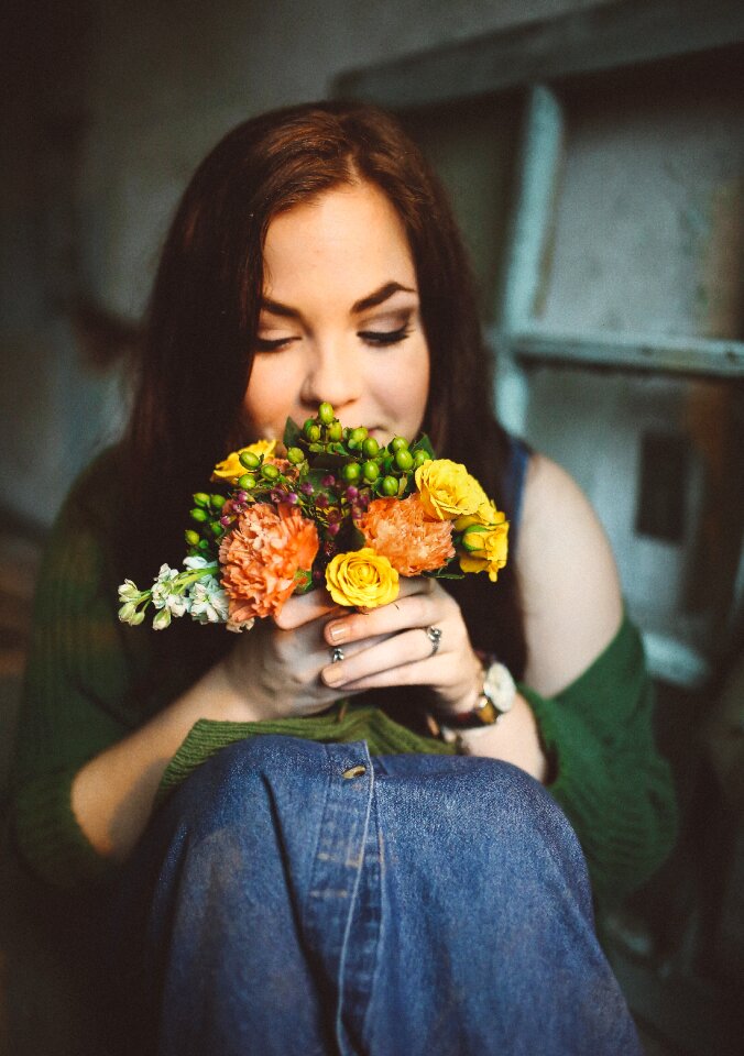Female sitting bouquet
