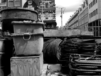 2013.06 - 'Black and White urban photography of construction still-life', piles of reinforcement bars and iron materials at the metro construction Vijzelgracht in Amsterdam; urban photography in the Netherlands, Fons Heijnsbroek