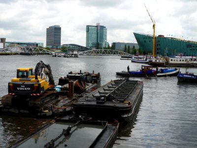 2013.06 - 'Municipal dredge boats in the Oosterdok Dockland water', with the Nemo technical museum to the right; urban photography by Fons Heijnsbroek, Amsterdam city, The Netherlands photo
