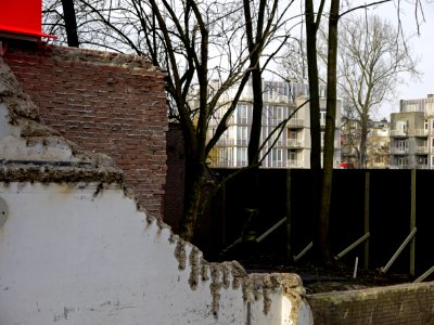 2014.01 - Amsterdam photo, Demolished brick walls and urban winter-trees at the Oostenburgervoorstraat; a geotagged free urban picture, in public domain / Commons CCO; city photography by Fons Heijnsbroek, The Netherlands photo
