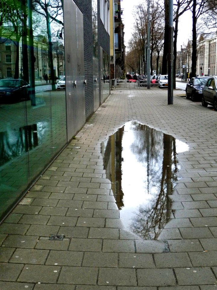 2013.04 - 'Reflections in a puddle of rain & a shop-window', in the street, of tree branches and the sky-light in the Sarphatistraat in Amsterdam, gray Spring - Amsterdam city center; - urban photography by Fons Heijnsbroek, the Netherlands