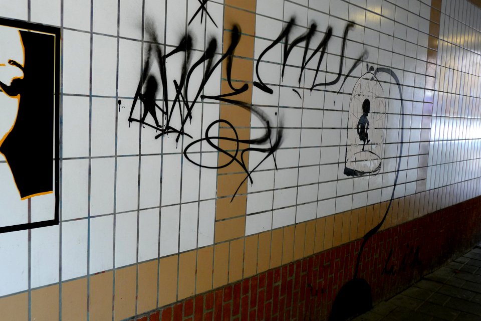 2011.05 - 'A group of graffiti pictures as tile panel', on the wall of a foot & bicycle tunnel near river Amstel; geotag free urban picture, in public domain / Commons CCO;  city photography by Fons Heijnsbroek, The Netherlands