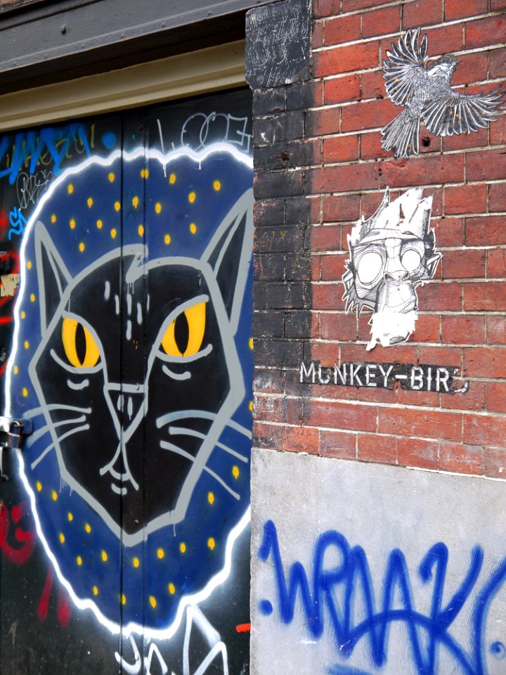 2016.03 - Amsterdam photo of urban street art, a painted Cat on the wall, on the house-fronts at Prinsengracht; urban wall painting art - geotagged free urban picture, in public domain / Commons; Dutch photography, Fons Heijnsbroek, The Netherlands