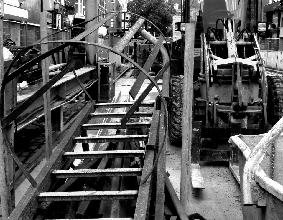 2013.06 - 'Black and White urban photography', from the city - Construction still-life of construction equipment and building material at the metro construction site Vijzelgracht in Amsterdam; photography in the Netherlands, Fons Heijnsbroek
