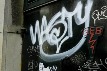 2011.05 - 'Street art on an dark-green wooden door', urban collage of tags; geotag free urban picture, in public domain / Commons CCO;  city photography by Fons Heijnsbroek, The Netherlands