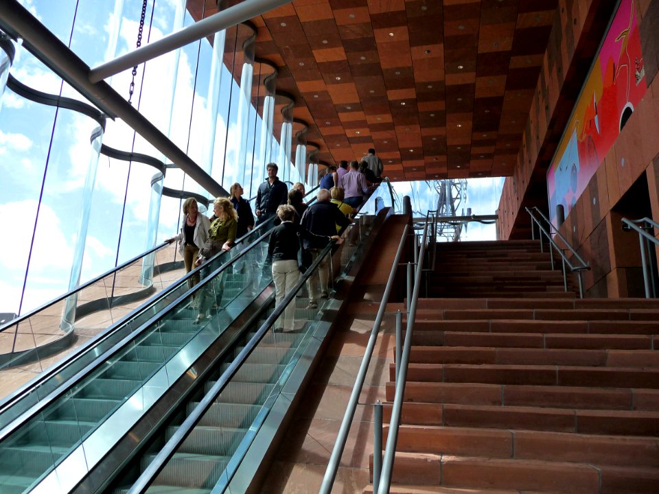 2012.08 - 'Museum visitors on the escalators', and stairs in day-light falling through the large glass walls of the MAS - Museum aan de Stroom - photography of modern architecture in the urban city - Fons Heijnsbroek, Belgium