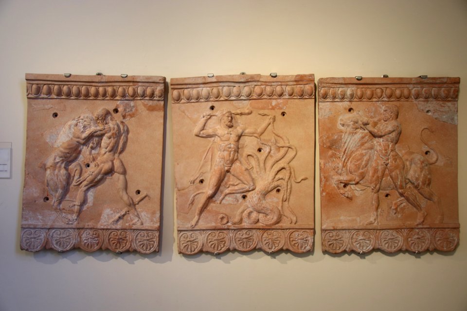 Etruscan Bell Plates with 3 Labors of Hercules (Nemean Lion, Hydra of Lerna, Bull of Crete), from Quadraro, c. 0-50 AD