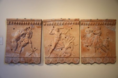 Etruscan Bell Plates with 3 Labors of Hercules (Nemean Lion, Hydra of Lerna, Bull of Crete), from Quadraro, c. 0-50 AD