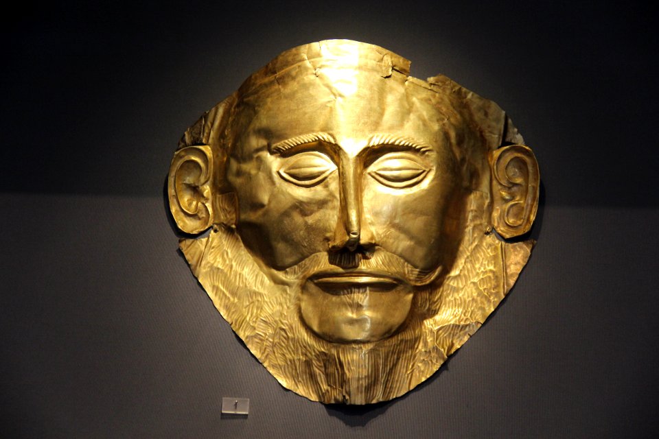 Gold death-mask known as ‘Mask of Agamemnon,’ Mycenae, Grave Circle A, Grave V, 16th cent. BC.