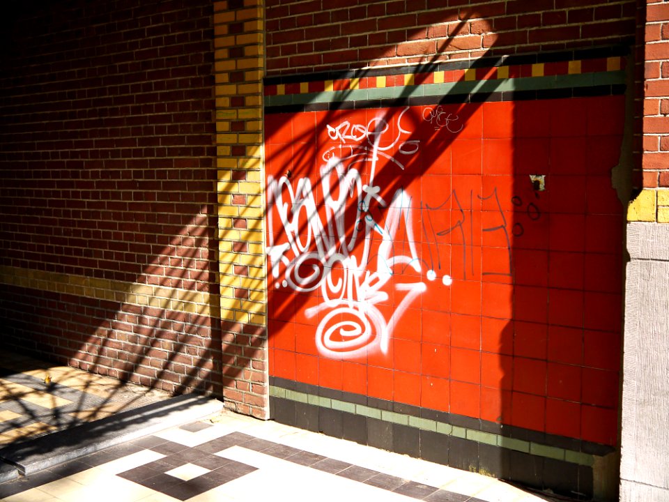 2015.04 - Amsterdam photo, street-art & shadows & Sun-light as collage; an old church-gate at the Kattenburgergracht in Spring; a geotagged free urban picture, in public domain / Commons CCO;  city photography by Fons Heijnsbroek, The Netherlands