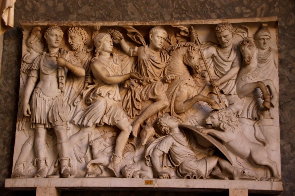 Front of a Sarcophagus with Lion Hunting Scene, 220-230 AD
