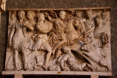 Front of a Sarcophagus with Lion Hunting Scene, 220-230 AD