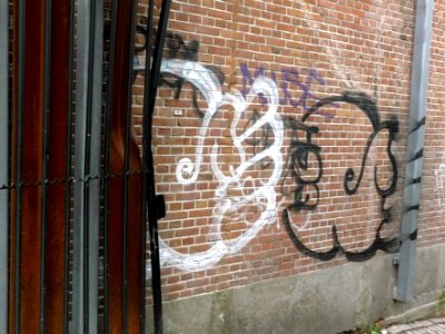 2015.08 - Amsterdam photo of streetart - Two large graffiti-drawings behind the fence on a stoned brick wall; geotagged free urban picture, in public domain / Commons; Dutch photography, Fons Heijnsbroek, The Netherlands photo