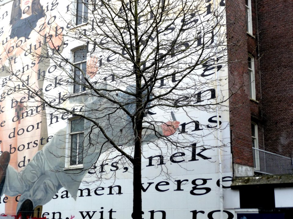2013.04 - 'Close-up view on a public wall-painting with text on the sidewall of a residential block, Jacob van Lennepstraat / Nassaukade, district Kinkerbuurt, Amsterdam; - urban photography by Fons Heijnsbroek, the Netherlands