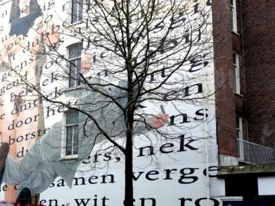 2013.04 - 'Close-up view on a public wall-painting with text on the sidewall of a residential block, Jacob van Lennepstraat / Nassaukade, district Kinkerbuurt, Amsterdam; - urban photography by Fons Heijnsbroek, the Netherlands photo