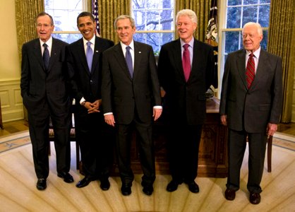 2009 Five Presidents, President George W. Bush, President Elect Barack Obama, Former Presidents George H W Bush, Bill Clinton & Jimmy Carter, Standing photo