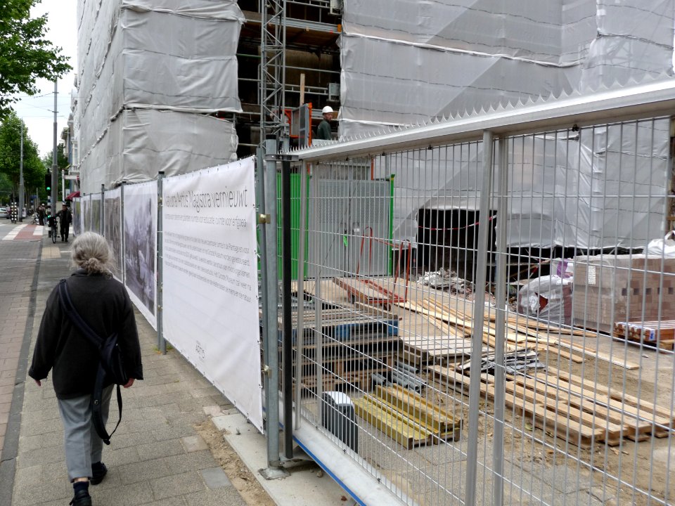 Woman walking in the Plantage Middenlaan, along the fence of the Zoo; photo Amsterdam city - Summer 2013; urban photographer Fons Heijnsbroek