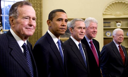 2009 Five Presidents George W. Bush, President Elect Barack Obama, Former Presidents George H W Bush, Bill Clinton, Jimmy Carter Portrait photo