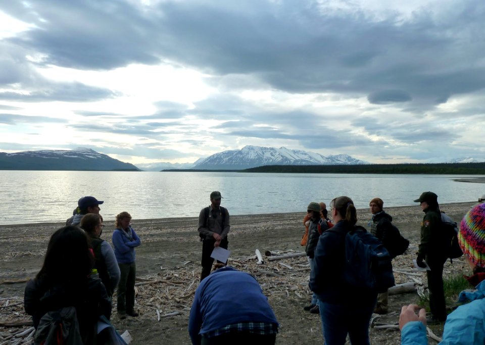 Ranger Michael Saxton gives the interpretation division their first tour of Brooks Camp. Photo by NPS David Kopshever