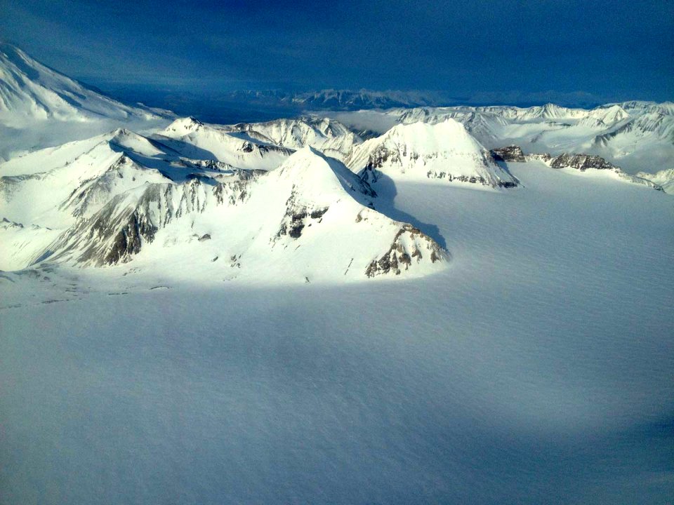Snow covered peaks and glaciers near the Katmai Caldera