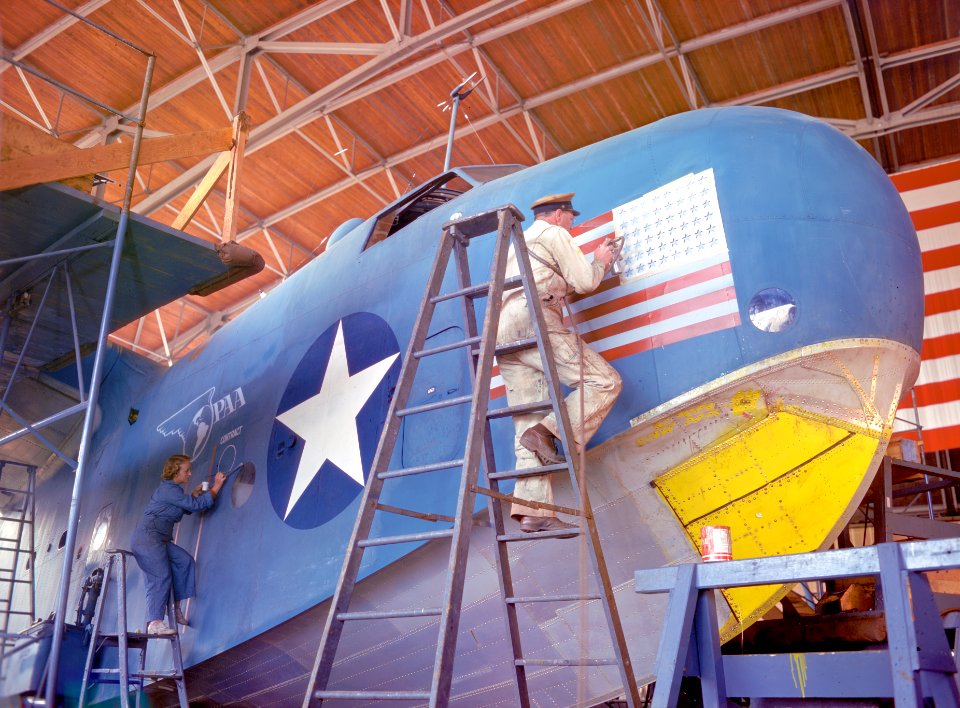 A Martin PBM-3R receives dual Navy and Pan American Airways markings