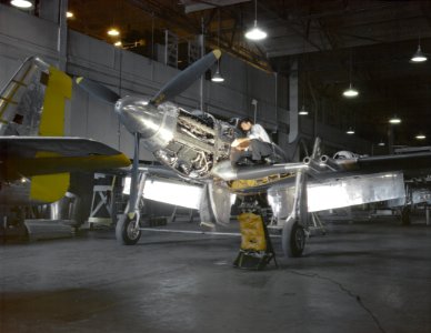 An inspector looks over a Mustang Mk I fighter