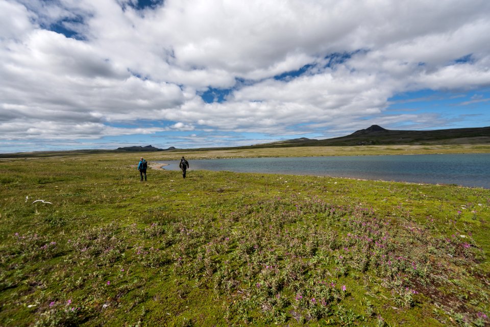 Two people walking in the Katmai backcountry NPS Photo/Russ Taylor