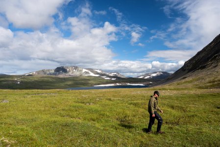 A ranger walks across the tundra at a backcountry lake in the Katmai Preserve NPS Photo/Russ Taylor