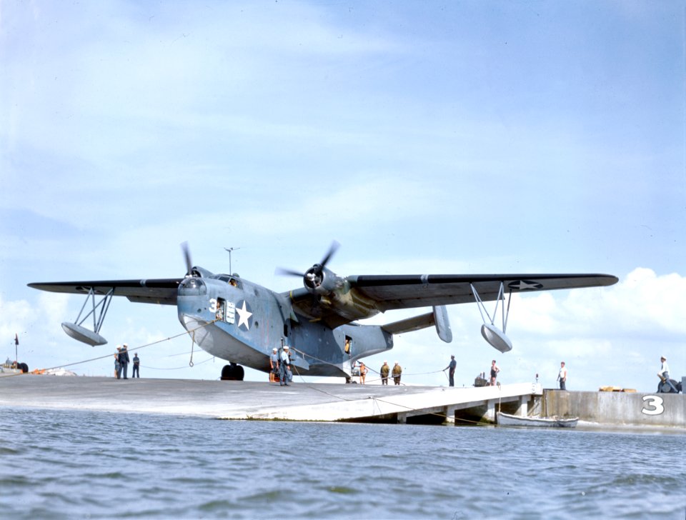 A Martin PBM-3D Mariner prepares to launch from a coastal Naval Air Station