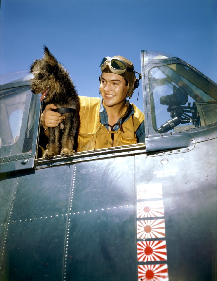 ARM3C Robert L. Brown in the cockpit of an F6F Hellcat