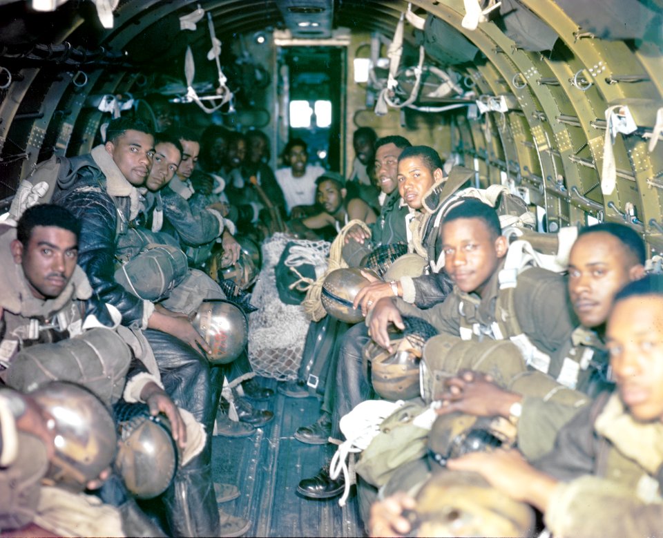 African American paratroopers preparing to jump from a Douglas C-47 on a wildfire in Wallowa Forest
