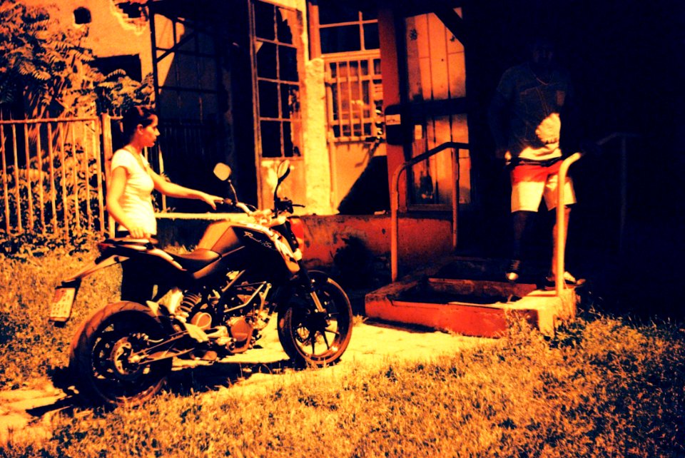 Praktica BC1 - Redscaled and Cross Processed - Couple with Motorbike