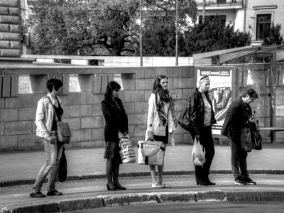 Five Women at Tram Stop (Monochrome) photo