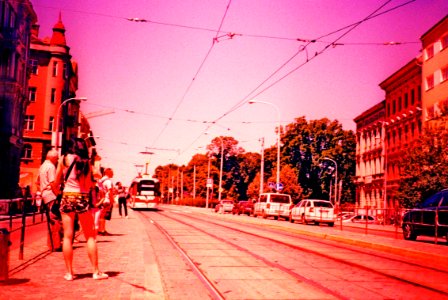 Pentacon Electra + Cross Processed Film - Incoming Tram photo