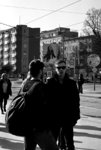 Zorki 4 + Industar-61 L/D - Talking Men at Tram Stop