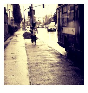 Young Woman Catching the Bus