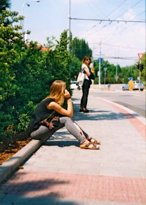 Praktica MTL 5 +  Helios 44-2 2/58 - Bus Stop Scene with a Girl on the Phone