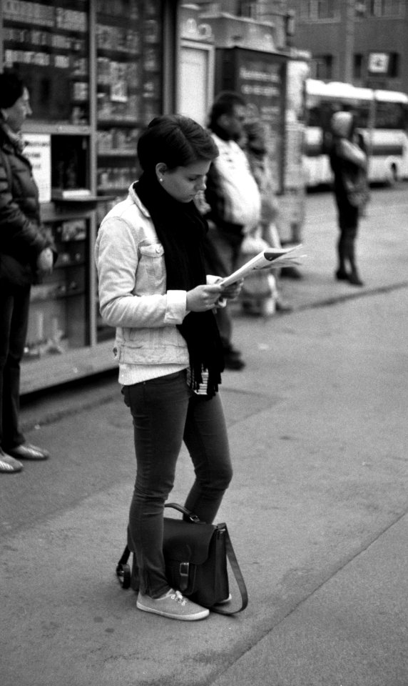 Praktica MTL 5 +  Helios 44-2 2/58 - Woman Reading a Mag at Tram Stop