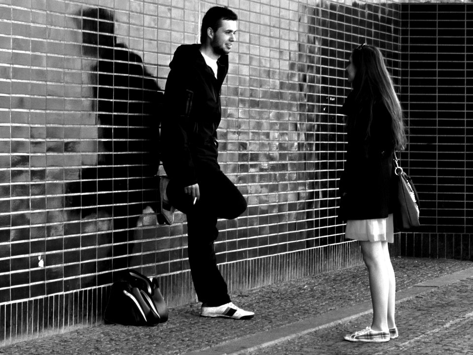 Couple in front of Pardubice Train Station (B&W version)