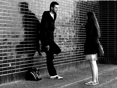 Couple in front of Pardubice Train Station (B&W version) photo