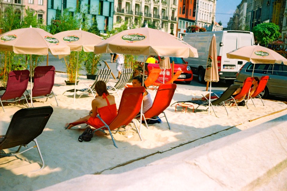 Fake Beach on Liberty Square (redscale film)