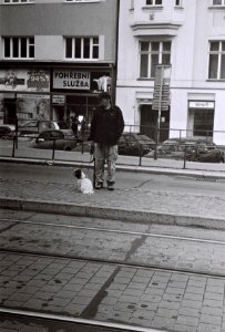 Kiev 4 - Man with Dog at Tram Stop