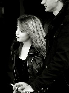 Couple Leaving a Mall B&W photo