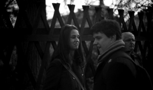 Kiev 4 + Helios 103 - Talking Couple at Bus Stop