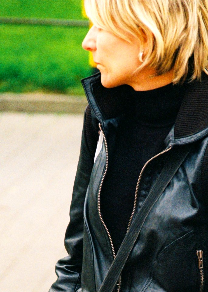 Kiev 4 + Jupiter-11 135/4 - Blonde Woman in Black Jacket
