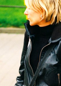 Kiev 4 + Jupiter-11 135/4 - Blonde Woman in Black Jacket