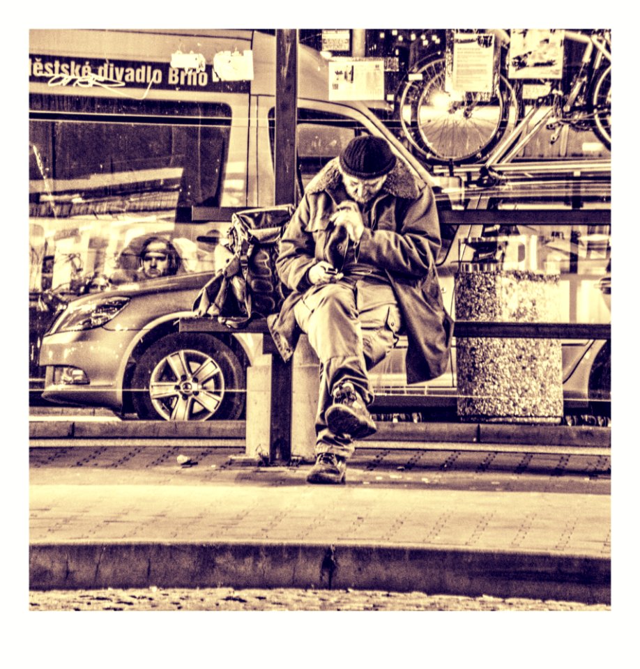 Man Texting at Night Bus Stop - HDR Processed 2