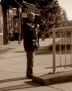 Tram Stop Scene in Sepia Tone